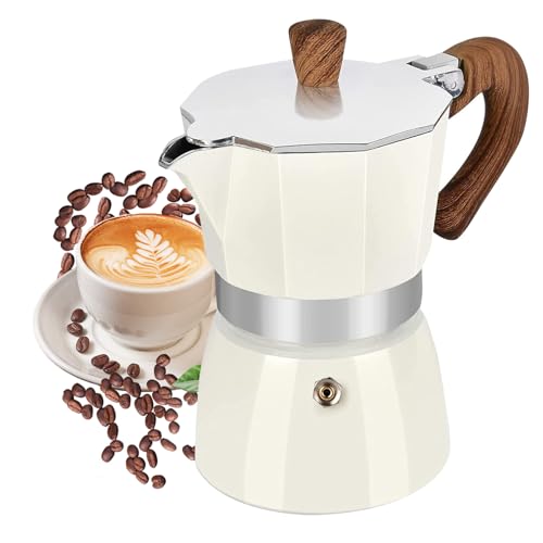 JingleChoo Moka Pot 300ml-6 Cups Espresso Maker, Italian Stovetop Coffee Makers Percolator, Aluminum, Easy To Use & Clean, Camping Home Use | White | for Mocha Cappuccinos, Lattes