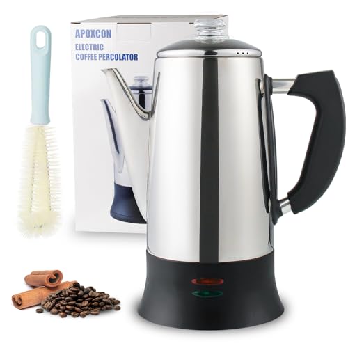 APOXCON Percolator Coffee Pot Electric ETL Approved, 12 Cup Stainless Steel Coffee Maker with Heat Resistant Glass Knob and Clean Brush, Automatic Keep Warm and Cordless Serving