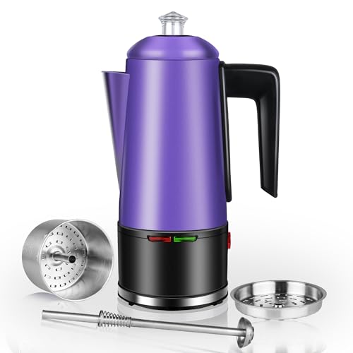 HOMOKUS Electric Coffee Percolator 12 CUPS Percolator Coffee Pot Stainless Steel Percolator Coffee Maker with Clear Knob Cool-touch Handle Coffee Pot Percolator Auto Keep Warm Function（Purple）