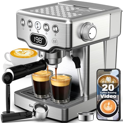 Geek Chef Espresso Machine 20 Bar, Espresso Coffee Maker with Fast Heating, Latte & Cappuccino Maker with Milk Frother Steam Wand, 1.8L Water Tank, Temperature Display, Stainless Steel