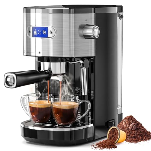 Kismile Espresso Machines for Home, 20-Bar Cappuccino Machines with Milk Frother Steam Wand and Capsule Compatible, Semi-Automatic Espresso Machine with Removable Water Tank(BLACK)