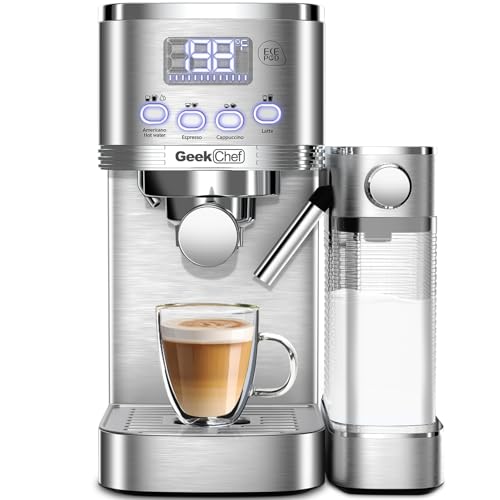 Geek Chef Espresso Machine with Built-In Automatic Milk Frother, 7-in-1 Cappuccino & Latte Machine for Home, 80s Get Americano Coffee, ESE POD Filter, 20 Bar, Stainless Steel