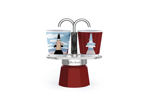Bialetti – Mini Express Magritte: Moka Set includes Coffee Maker 2-Cup (2.8 Oz) + 2 shot glasses, Red, Aluminium