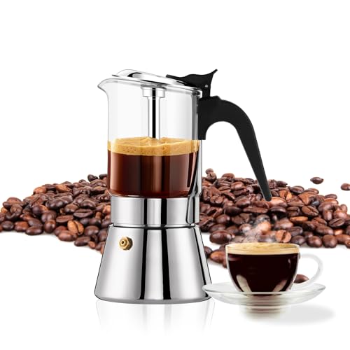YOLIFE Induction Moka Pot, 4 Cup/ 5.4 oz Crystal Glass Top Stovetop & Stainless Steel Espresso Maker with Pressure Valve, Classic Italian Coffee Maker (160ml)