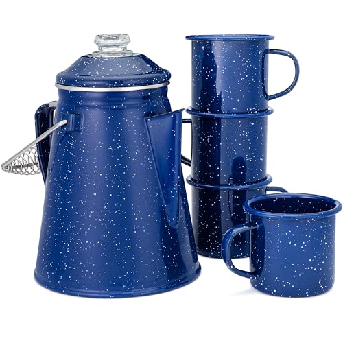COLETTI Classic Percolator Coffee Pot & Enamel Mug Set — Camping Coffee Pot, Enamel Coffee Mug – Complete Nostalgic Bundle – German Imported Enamel Powder [Blue, 12 Cup] [12 oz, Set of 4]