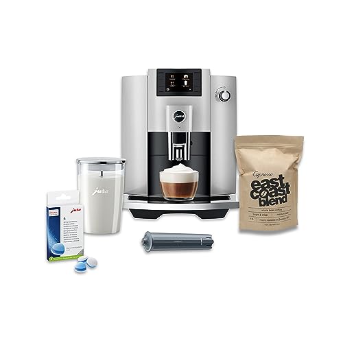 Jura E6 Automatic, Affordable Espresso Machine with Programmable Coffee Strength (Platinum) Bundle with Smart Filter Cartridge, Cleaning Tablets, Coffee Beans Bag, and Glass Milk Container (5 Items)