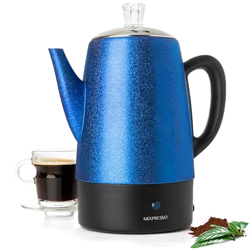 Mixpresso Electric Percolator Coffee Pot, Stainless Steel Coffee Maker, Percolator Electric Pot, 10 Cups Stainless Steel Percolator With Coffee Basket (Shiny Blue)