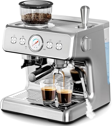 Kismile Espresso Machines with grinder, Professional Coffee and Espresso Maker Combo with Steam Milk Frother Steam Wand & Capsule Compatible,Latte Machines with Removable Water Tank(Stainless Steel)