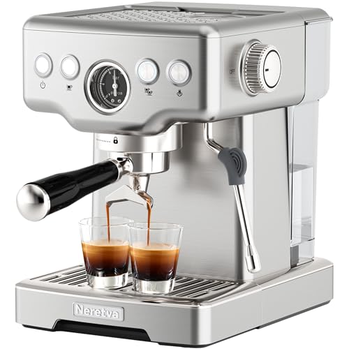 Neretva 15 Bar Espresso Machine with Milk Frother Steam Wand for Cappuccino, Latte, Macchiato, 1450W Professional Coffee Machine 1.8L Removable Water Tank For Home Barista (Silver)