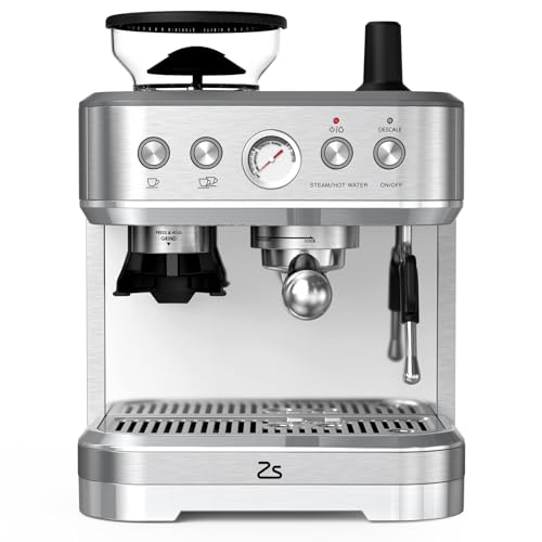 Zstar All-In-One Espresso Machine with Milk Frother & Grinder – 15 Bar Automatic Coffee Maker with Italian ULKA Pump, 2.5L Water Tank, Brushed Stainless Steel for Home and Office