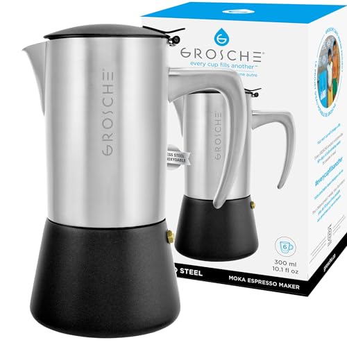 GROSCHE Milano Steel | 6 Espresso Cup | Stovetop Espresso Maker: Stainless Steel Moka Pot for Greca, Induction, Electric & Gas Stoves | Dishwasher Safe Stovetop Espresso Maker Moka Pot