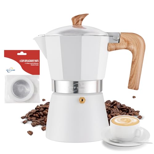 MVPLUE Greca Stovetop Espresso Maker 6 Cup 9.9 oz ，Cuban Coffee Maker Aluminum Ivory White，Moka Pot includes 1 Filter and 3 Silicone Gasket Seals， Make Coffee Easily at Home And Camping