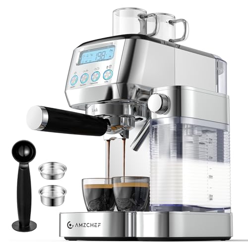 amzchef Espresso Machine with LCD Display, 20 Bar Cappuccino Machines with Automatic Milk Frother for Home Gifts, Latte Coffee Maker with Dual Wall & ESE Filters, Stainless Steel Style