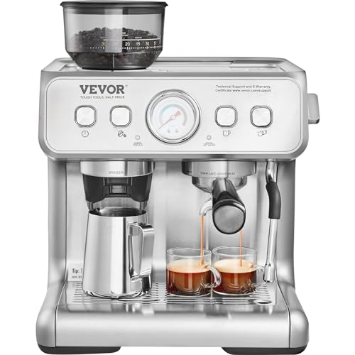 VEVOR Espresso Machine with Grinder, 15 Bar Semi-Automatic Espresso Coffee Maker with Milk Frother Steam Wand, Removable Water Tank & Pressure Gauge for Cappuccino, Latte, Machiato, PID Control System