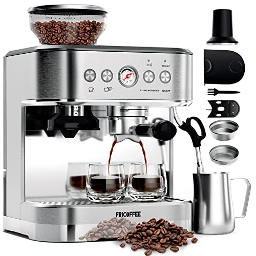 Fricoffee Espresso Machine with Grinder Espresso Maker Stainless Steel with Milk Frother Cappuccino Machine Semi Automatic Espresso Machine