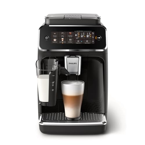 PHILIPS 3300 Series Fully Automatic Espresso Machine – LatteGo Milk System, 5 Coffee Varieties, Intuitive Touch Display, SilentBrew, 100% Ceramic Grinder, AquaClean Filter, Glossy Black (EP3341/50)