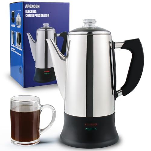 APOXCON Electric Coffee Percolator ETL Approved, 12 Cup Stainless Steel Coffee Maker with Heat Resistant Borosilicate Glass Knob, Automatic Keep Warm & Cordless Serving Classic Coffee Pot Quick Brew