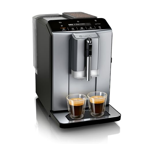 Bosch TIU20508 300 Series Fully Automatic Espresso Machine with Milk Express (in-cup frother), LCD + Touch Control Panel, Cup Warmer, OneTouch Milk-based Beverages and 5 Beverage Options, Dark Silver