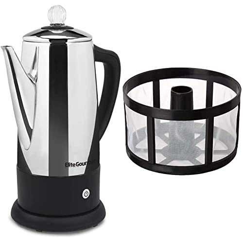 Elite Gourmet EC812 Electric Coffee Percolator, Clear Brew Progress Knob Cool-Touch Handle Cord-less Serve, 12-Cup, Stainless Steel & Tops Perma-Brew 3 Year Re-useable Coffee Filter