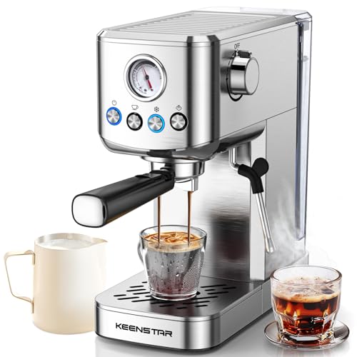 KEENSTAR Espresso Machine, 20 Bar Cold Brew Espresso Maker, 1350W Coffee Machine with Milk Frother Steam Wand, 41oz Removable Water Tank for Cappuccino, Latte, Gifts for Coffee Lover, Stainless Steel