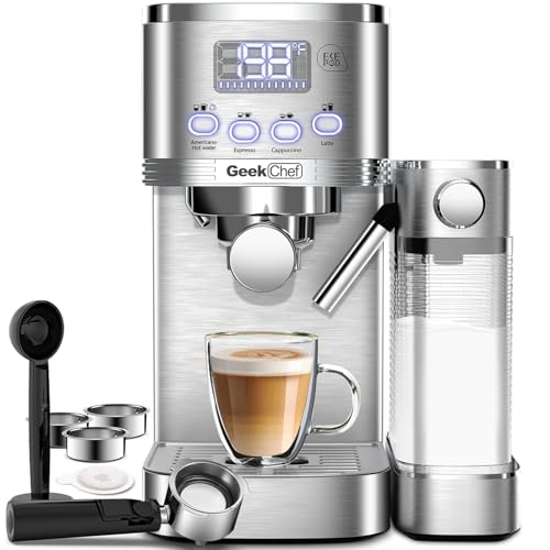 Geek Chef Espresso and Cappuccino Machine with Automatic Milk Frother, Stainless Steel Espresso Coffee Machine with Removable Water Tank, Prefect Gift for Dad Mom