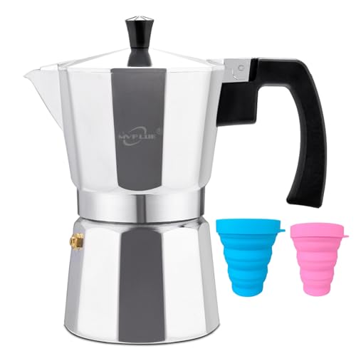MVPLUE Classic Stovetop Espresso Maker 6 Cup ，Moka Pot Aluminum Silver，Cuban Coffee Maker includes 2 silicone folding cups， Make Delicious Coffee Easily at Home And Camping