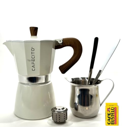 Cuban Coffee Starter Kit | Cafecito 6 Cups Moka Pot Set | Cafetera Cubana Stovetop Espresso Maker Set | Anti-Splash Valve Included (Crema)