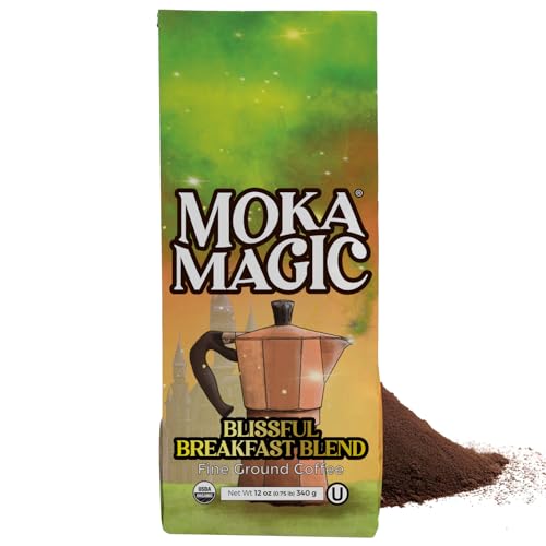 Moka Magic Organic Fine Ground Coffee | Blissful Breakfast Blend | Perfect for Moka Pots | 100% Arabica | 12 oz