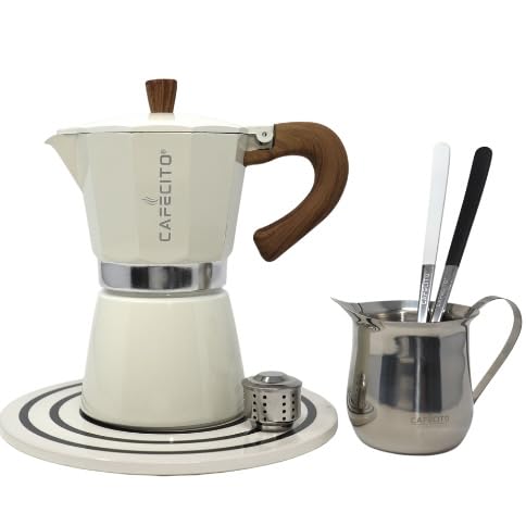 New Cuban Coffee Starter Kit | Cafecito 6 Cups Moka Pot Set | Cafetera Cubana Stovetop Espresso Maker Set | Ceramic Sandstone | Anti-Splash Valve Included (Crema)