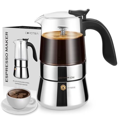 COPOTEA Moka Pot Espresso,Portable Stovetop Espresso Maker, Borosilicate Glass & Stainless Steel Espresso Coffee Maker 6 Cups (240ml/8.5oz)