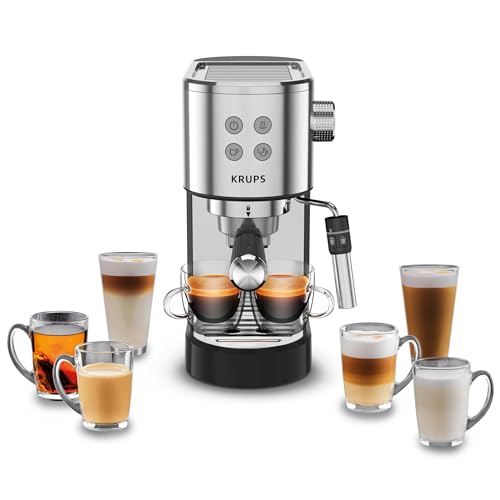 KRUPS: Espresso Machine, Divine 2 Cup, Stainless Steel with Tamper, Cup Warmer, Espresso Machine with Milk Frother, Easy to Eject Grounds, 1350 Watts, Cappuccino, Latte, Americano, Silver