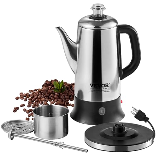 VEVOR Electric Percolator Coffee Pot 12-Cup, 304 Stainless Steel Coffee Percolator, 1000W, Automatic Keep-Warm & Split Power Base