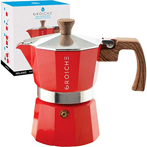 GROSCHE Milano Stovetop Espresso Maker Moka Pot 3 espresso Cup – 5oz, Red – Cuban Coffee Maker Stove top coffee maker Moka Italian espresso greca coffee maker brewer percolator