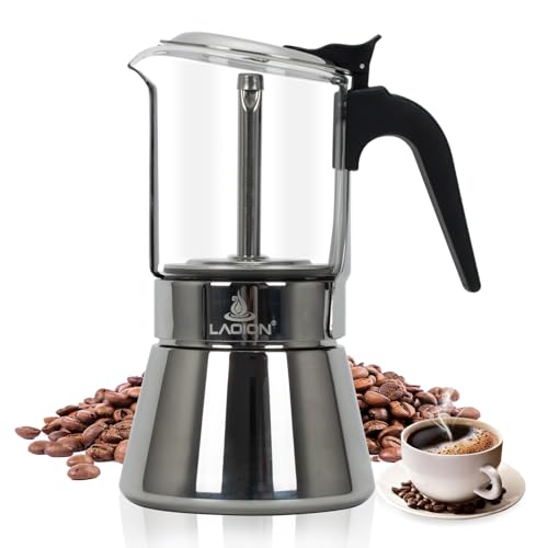 LAOION Stovetop Espresso Maker and Coffee Maker, Classic Moka Pot, Crystal Glass-top & Stainless Steel Coffee Maker Mocha Pot, Greca de cafe, Cuban and Italian coffee maker for Cafetera Cubana (6 cup)