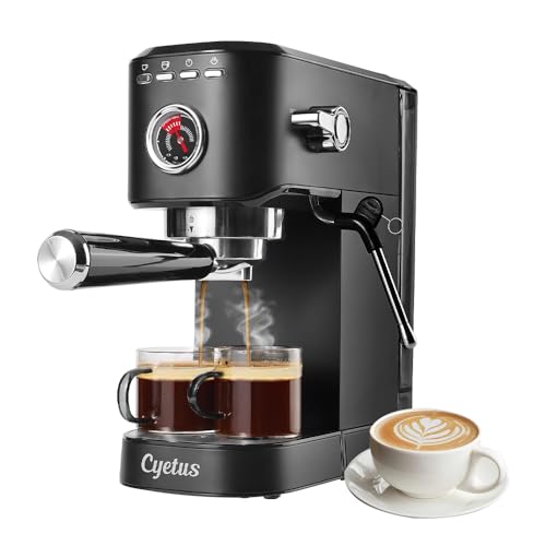 CYETUS Espresso Machine 20 Bar with Milk Frother Steam Wand, Compact Small Coffee Machine for Home, Pressure Gauge, Barista Espresso Maker Latte Cappuccino, Stainless Steel, Black (Renewed)