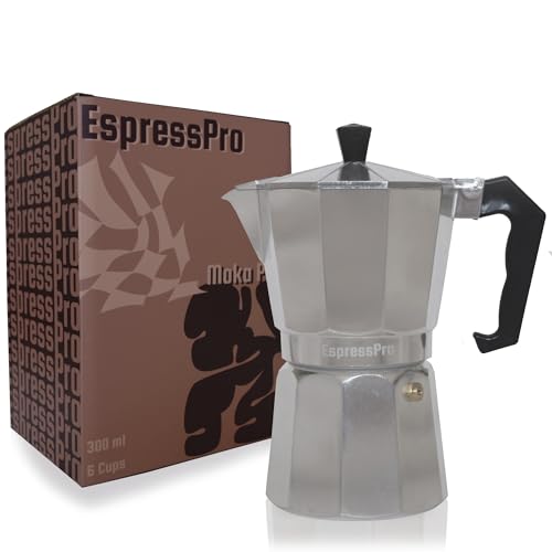 EspressPro- 6 Cup Moka Pot Espresso Maker- Grecas de Cafe Percolator Coffee Pot- Small Coffee Maker- Camping Coffee Makers- Portable Coffee Maker- Cuban Coffee Maker- Stove Top Espresso Coffee Maker