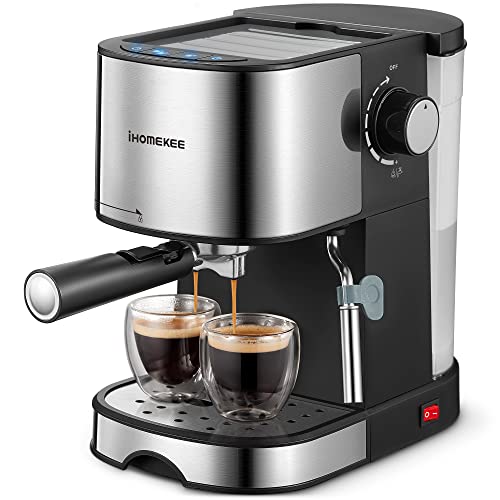 Ihomekee Espresso Machine, Espresso and Cappuccino Coffee Maker with Milk Frother/Steam Wand for Latte, Mocha, Cappuccino, 15 Bar Pump Pressure Semi-Automatic Coffee Machine, Silver+Black