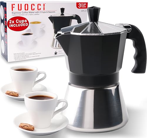 FUOCCI Moka Pot Espresso – Italian Stovetop Espresso Maker 3 Cup With Ceramic Espresso Cups Set Of 2 – Cuban Coffee Maker Stainless Steel – Moka Pot 3 Cup (180ml-6oz) Cafetera Cubana – Grecas De Cafe