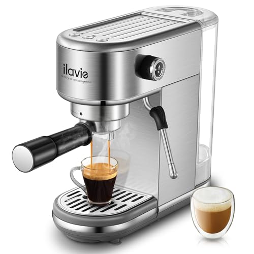 ILAVIE Espresso Coffee Machine for Home 20 Bar, Professional Compact Cappuccino Machine Maker for Latte, with 40oz Detachable Water Tank, 1350W Strong Power, Stainless Steel