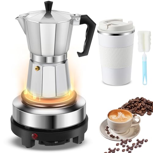 Pickmesh 4 Pcs Coffee Pot 6 Cup Electric Espresso Coffee Maker Set, 300ml Portable Cafetera Espresso, Espresso Coffee Machines, Electric Moka Pot with Detachable Base, Coffee Gift for Home Travel