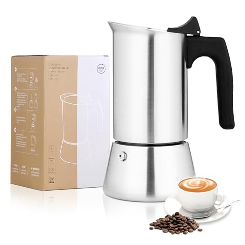 Stovetop Espresso Maker, 6 cup Moka Pot 300ml/10oz(Espresso Cup=50ml), Brushed Stainless Steel Espresso Coffee Pots, Italian Coffee Maker for Induction Cookers Hobs, Cafe Maker for Camping Home