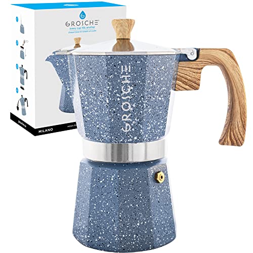 GROSCHE Milano Moka pot, Stovetop Espresso maker, Greca Coffee Maker, Stovetop coffee maker and espresso maker percolator (Indigo, 9 cup)