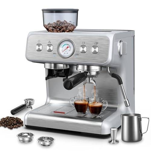 Espresso Machine with Built-in Grinder,Professional 15 Bar Espresso Maker with Milk Frother Steam Wand,Stainless Steel Espresso Coffee Machine with Removable Water Tank for Cappuccino, Latte