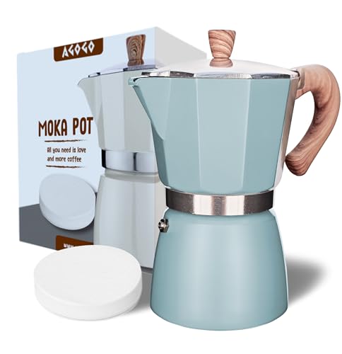 AGOGO Milano Moka pot, Stovetop Espresso maker, Greca Coffee Maker, Stovetop coffee maker and espresso maker percolator With Paper Filter 6 Cup Lake Blue