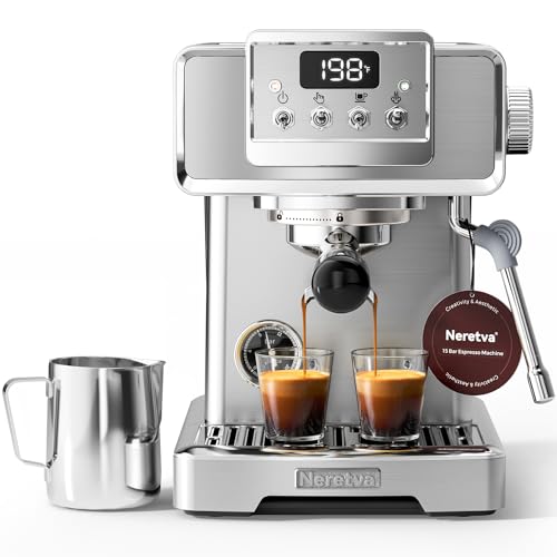 Neretva Espresso Machine, Professional Stainless Steel Espresso Maker 15Bar Instant Heating Espresso Coffee machine with Pressure Gauge/Milk Frother for Home Barista, Latte Machine, Cappuccino Machine