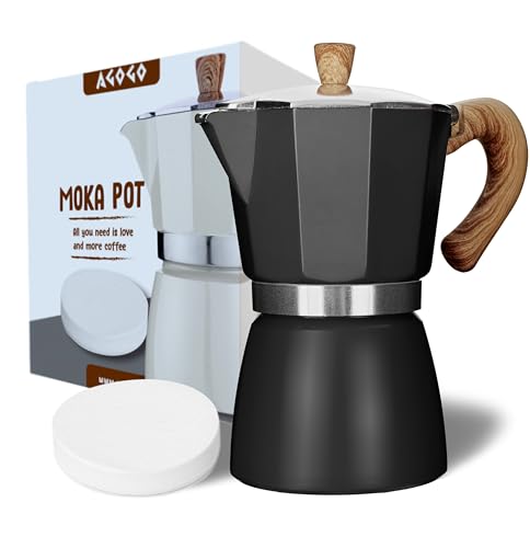 AGOGO Milano Moka pot, Stovetop Espresso maker, Greca Coffee Maker, Stovetop coffee maker and espresso maker percolator With Paper Filter 6 Cup Black