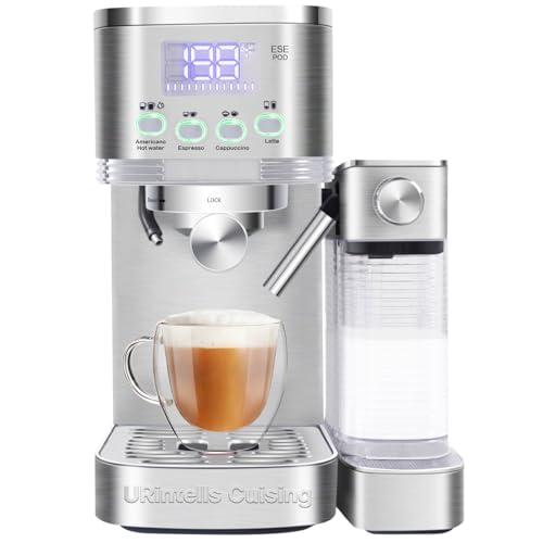 URintells Cuising Espresso Machine with LED Display, 20 Bar Espresso Maker Cappuccino Machine with Automatic Milk Frother for Cappuccino, Latte, Americano, ESE Pod Filter, Dual Heat System