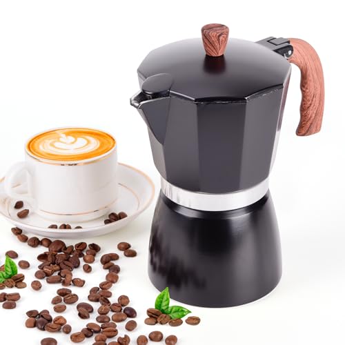 JingleChoo Moka Pot 300ml-6 Cups Espresso Maker, Italian Stovetop Coffee Makers Percolator, Aluminum, Easy To Use & Clean, Camping Home Use | Black | for Mocha Cappuccinos, Lattes