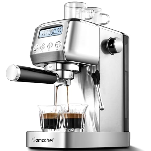 amzchef Espresso Machines 20 Bar, Espresso Maker with Milk Frother & LCD Panel, Adjustable Temp, Compact Cappuccino Machines for Home and Friends Gifts, Stainless Steel